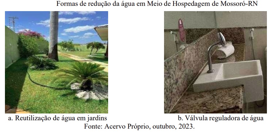 Formas de redução da água em meio de hospedagem de Mossoró-RN: reutilização de água em jardins e válvula reguladora de água. Fonte: Acervo próprio, outubro 2023.