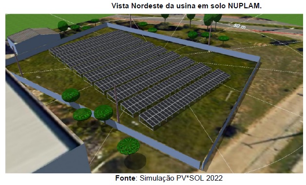 Vista Nordeste da usina em solo NUPLAM. Fonte: Simulação PV*SOL 2022
